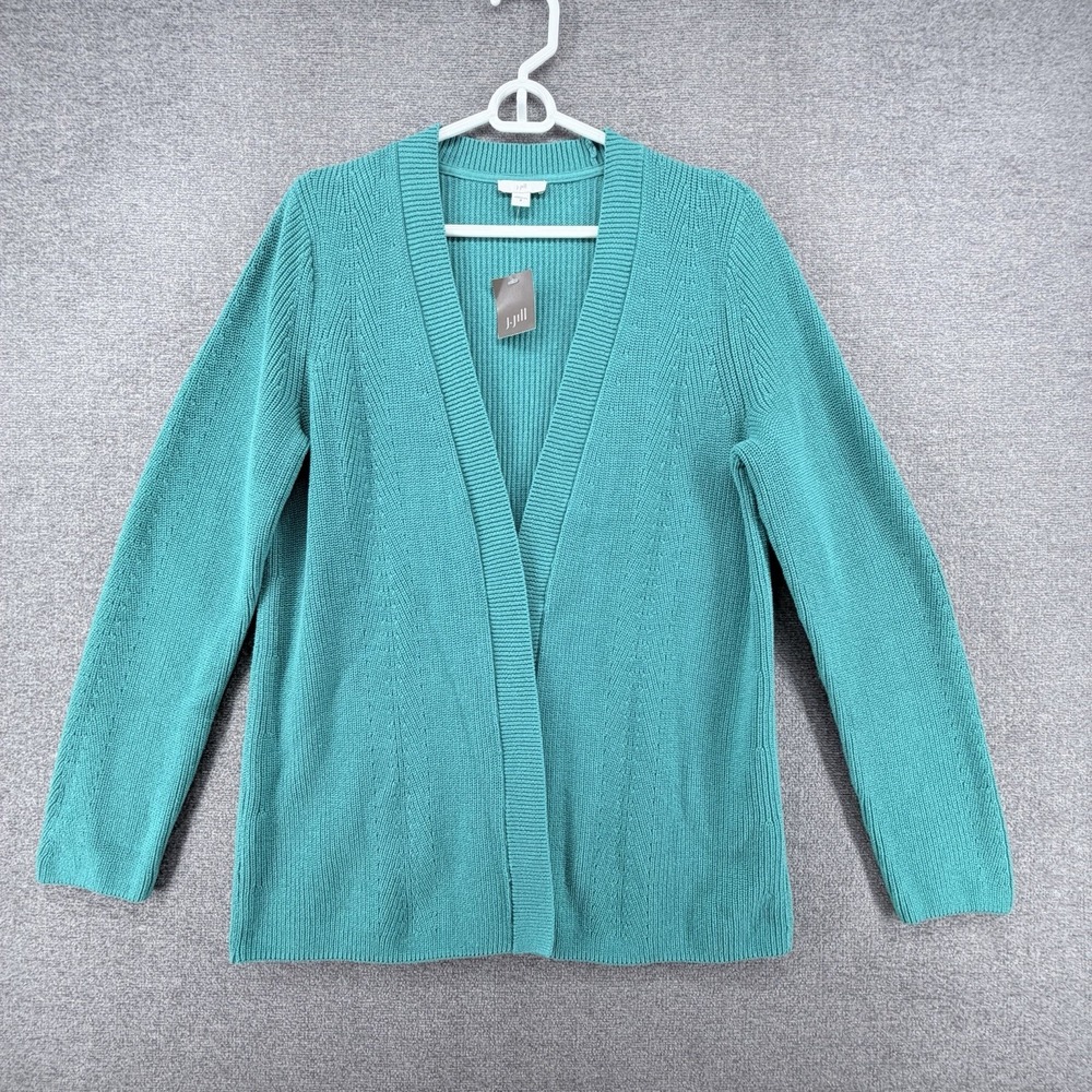 J Jill Open Cardigan Sweater Women Size Medium Teal Knit 100% Cotton Winter NEW